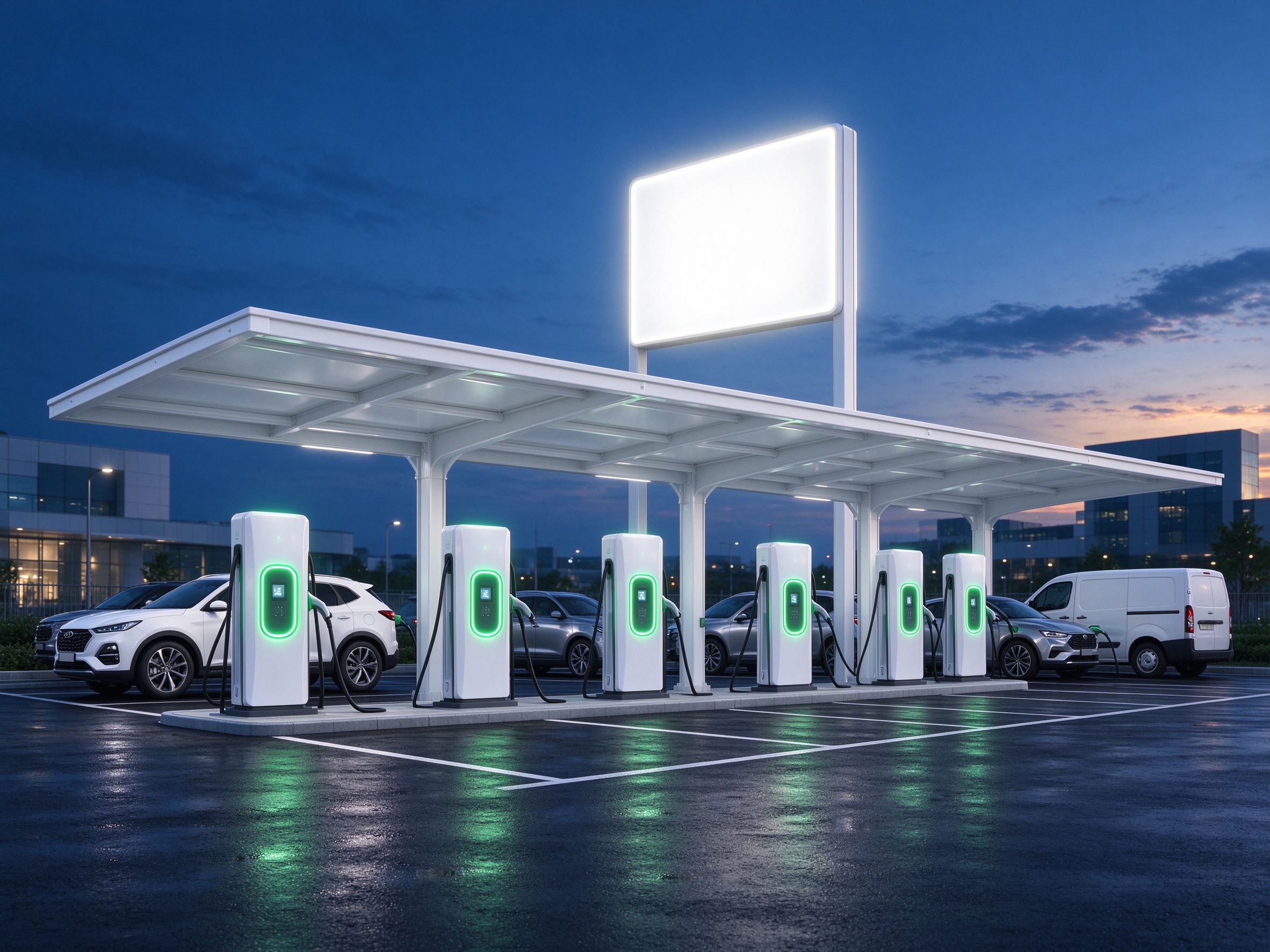 Modern private-label DC fast charging station at dusk